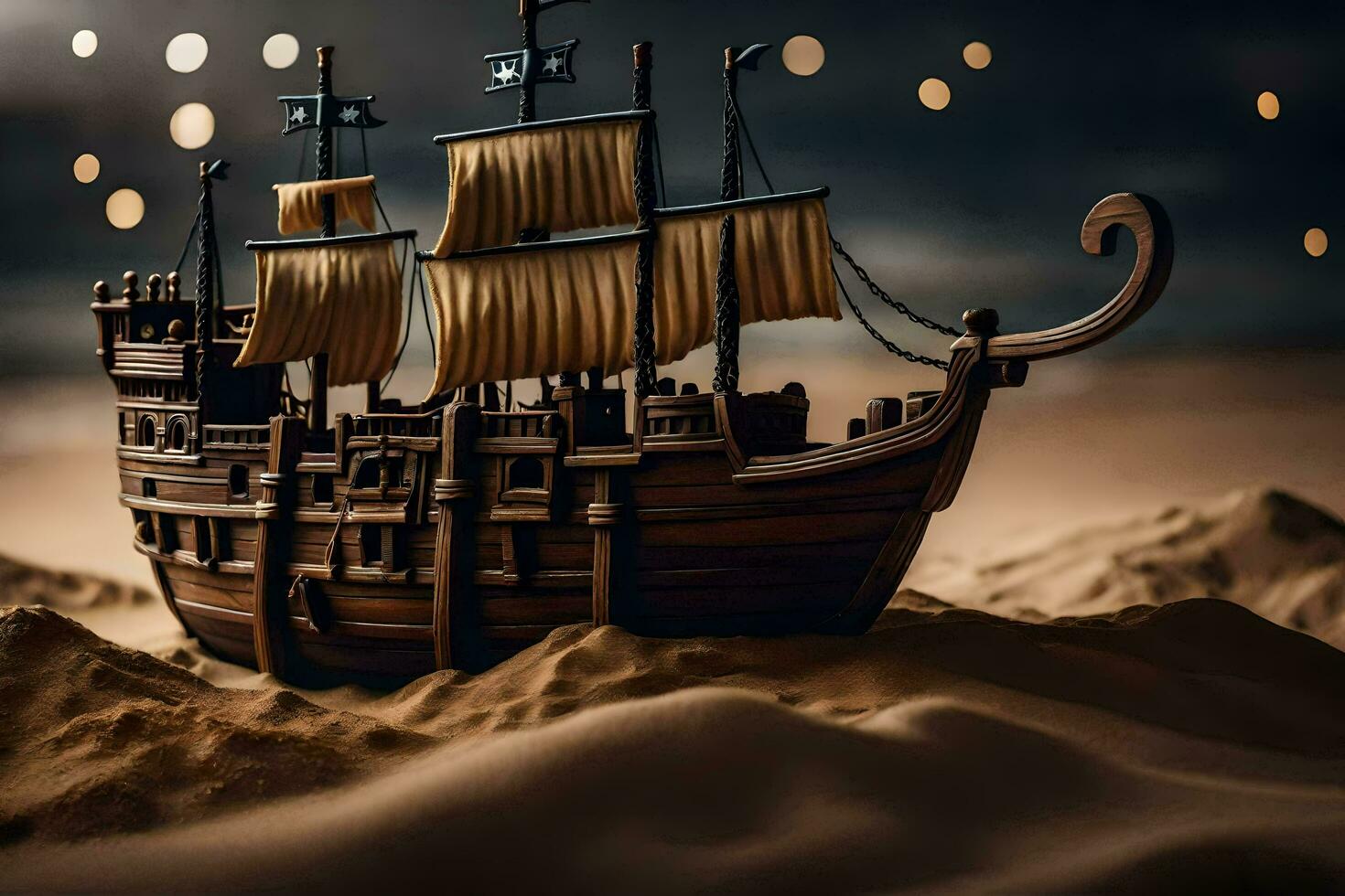 ein Modell- von ein Pirat Schiff im das Sand. KI-generiert foto