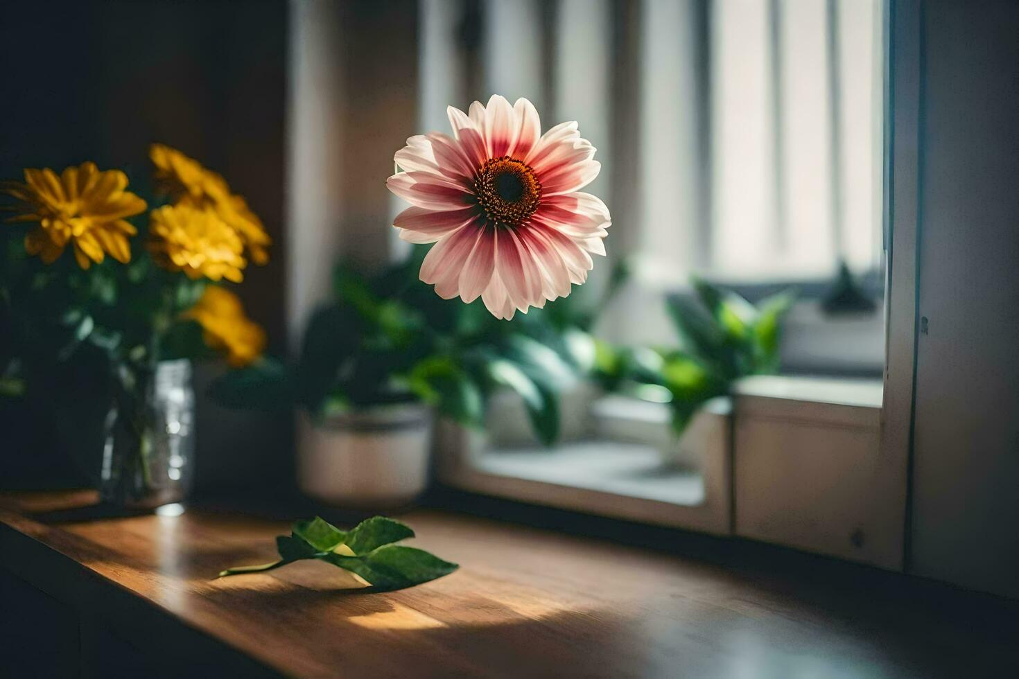 ein Blume ist Sitzung auf ein Tabelle in der Nähe von ein Fenster. KI-generiert foto