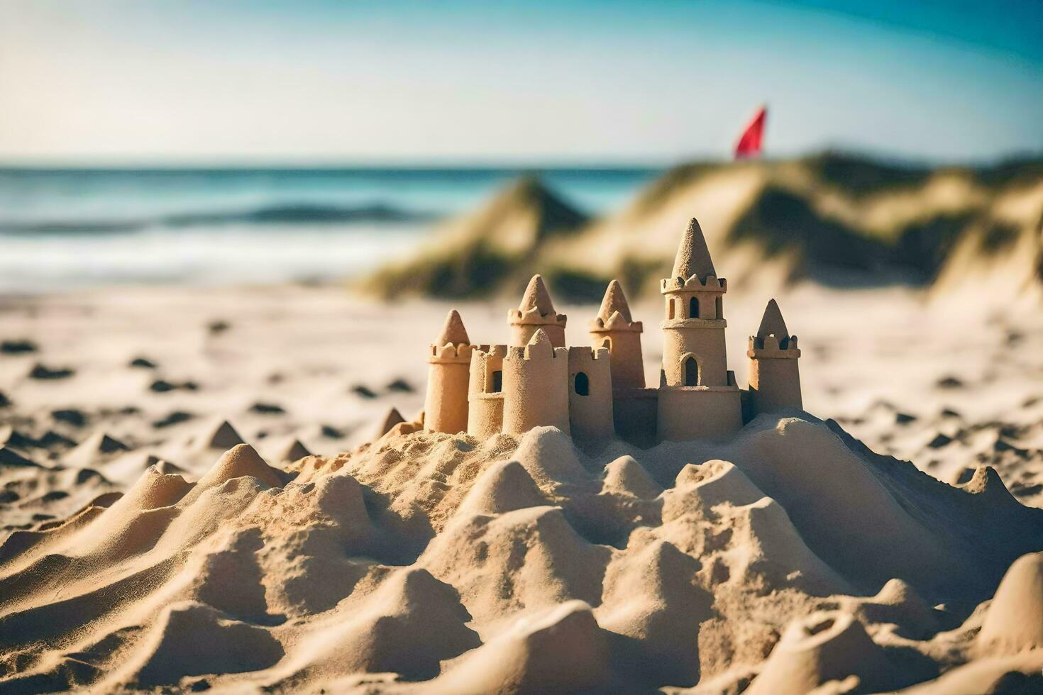 ein Sand Schloss auf das Strand mit ein rot Flagge. KI-generiert foto