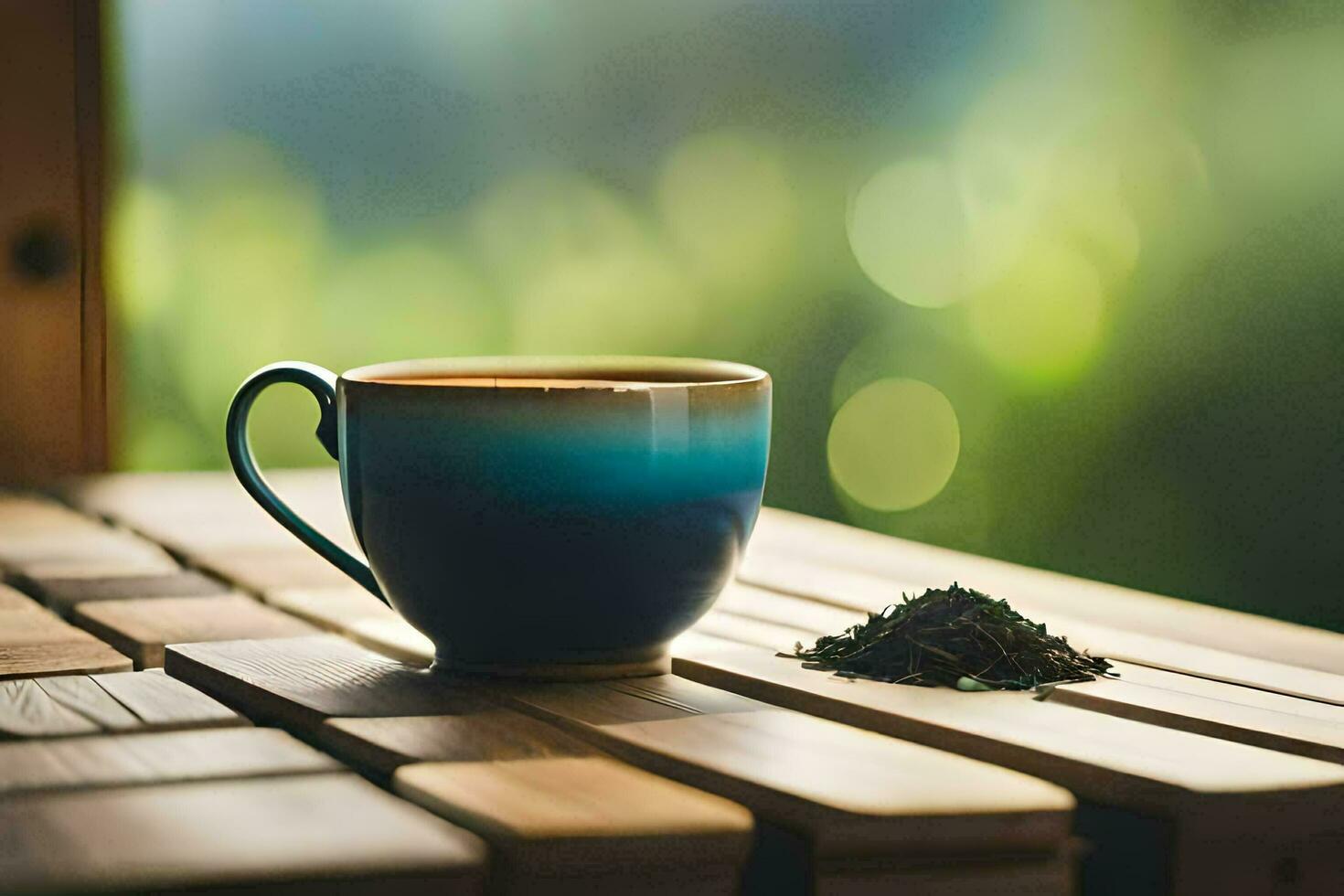 ein Tasse von Tee auf ein hölzern Tisch. KI-generiert foto