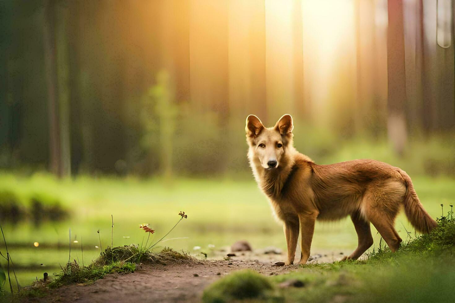 ein Hund Stehen im das Wald beim Sonnenuntergang. KI-generiert foto