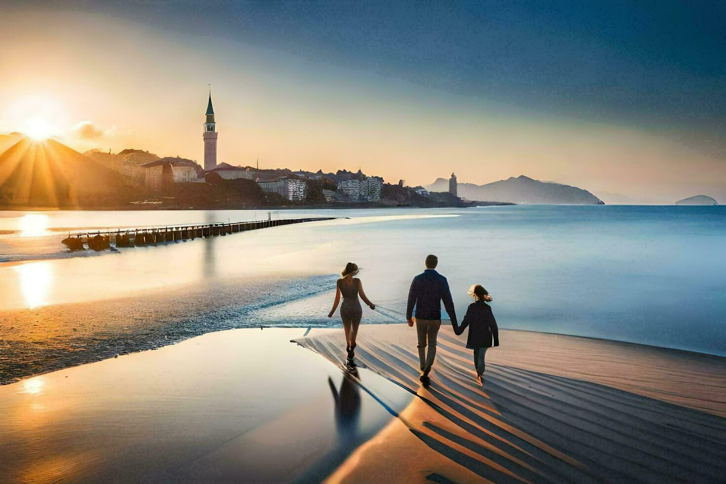 ein Familie Spaziergänge entlang das Strand beim Sonnenuntergang. KI-generiert foto