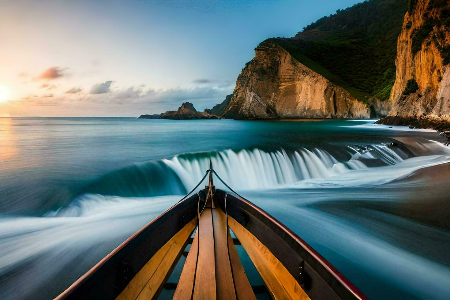 ein Boot ist Reisen durch das Ozean beim Sonnenuntergang. KI-generiert foto