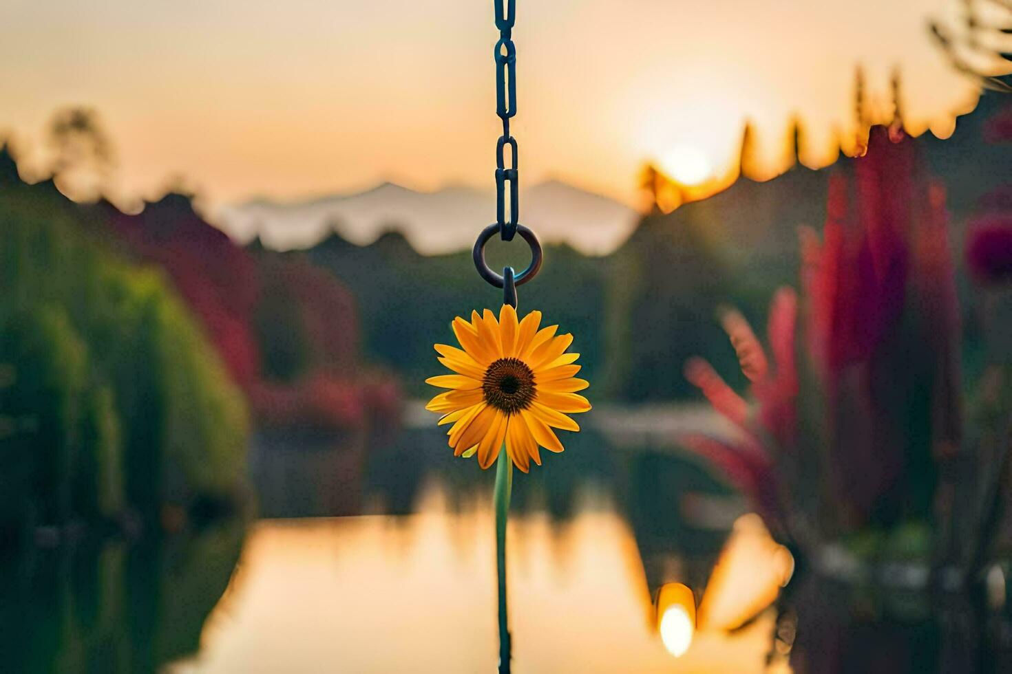 Sonnenblume hängend von ein Kette durch das Wasser. KI-generiert foto