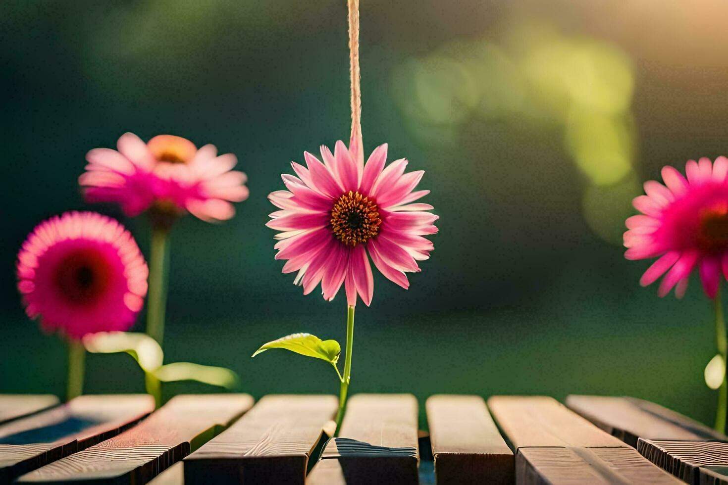 Rosa Blumen auf ein hölzern Tabelle mit Sonnenlicht leuchtenden durch. KI-generiert foto