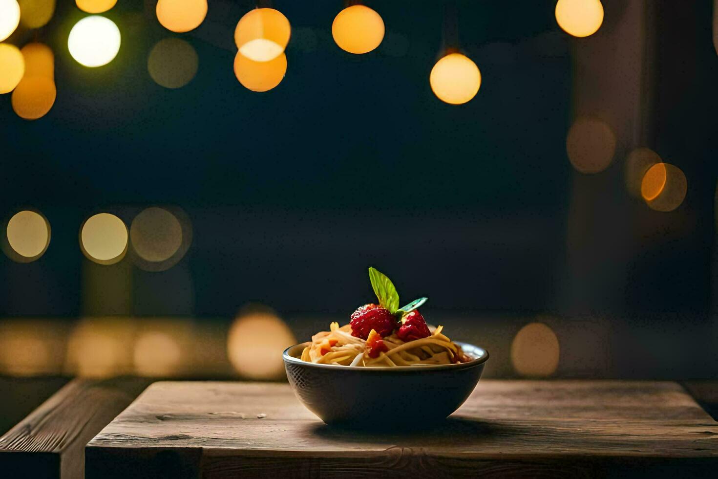 ein Schüssel von Pasta mit ein Kirsche auf oben. KI-generiert foto