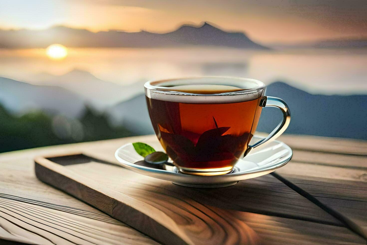 ein Tasse von Tee auf ein hölzern Tabelle mit Berge im das Hintergrund. KI-generiert foto