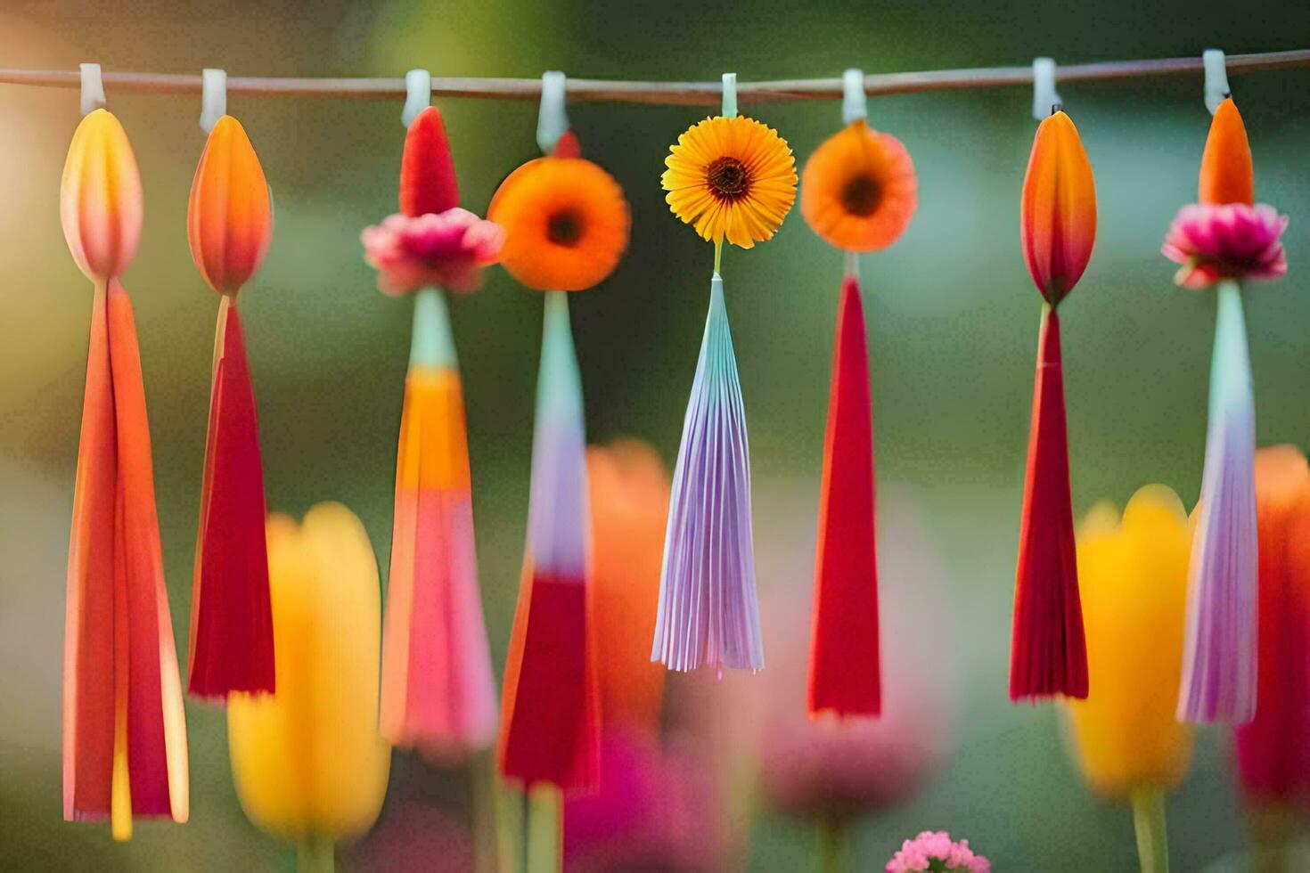 bunt Quasten hängend von ein Wäscheleine. KI-generiert foto