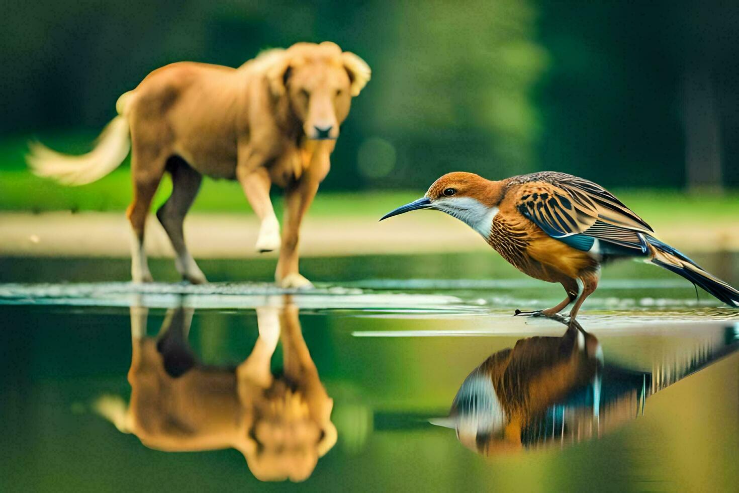 ein Hund und ein Vogel Stehen im Wasser. KI-generiert foto