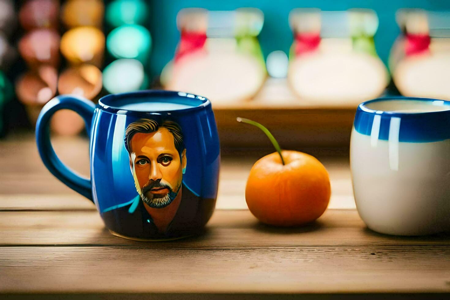 zwei Tassen mit ein des Mannes Gesicht auf Sie Nächster zu ein orange. KI-generiert foto