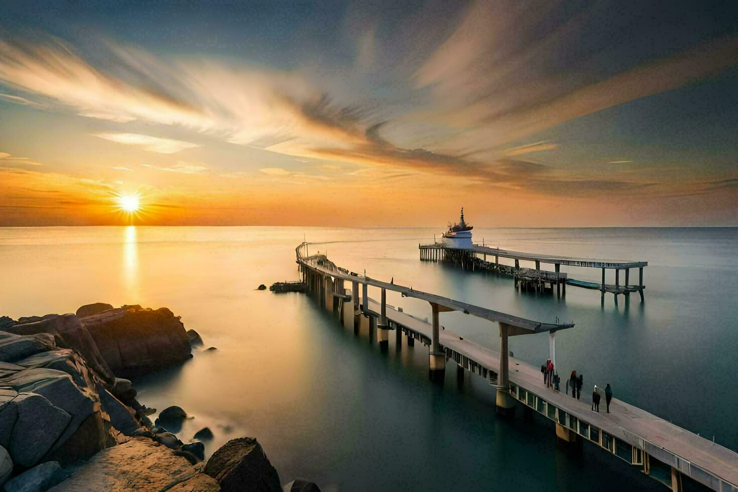 ein Seebrücke beim Sonnenuntergang mit ein Boot im das Wasser. KI-generiert foto