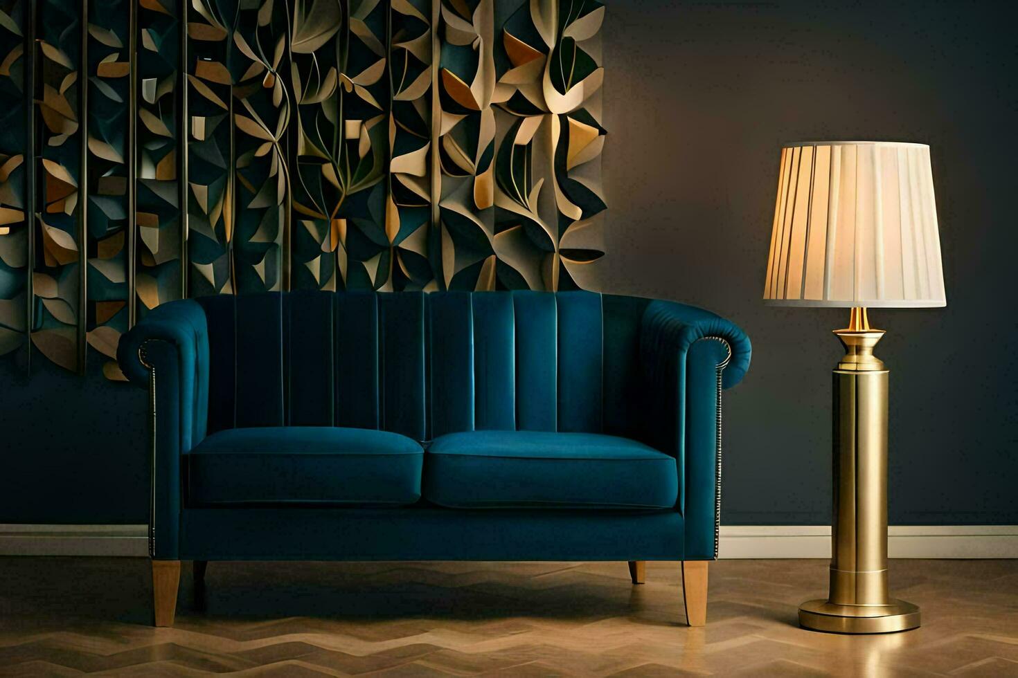 ein Blau Samt Sofa und Gold Lampe im Vorderseite von ein Mauer mit ein groß Stück von Papier. KI-generiert foto