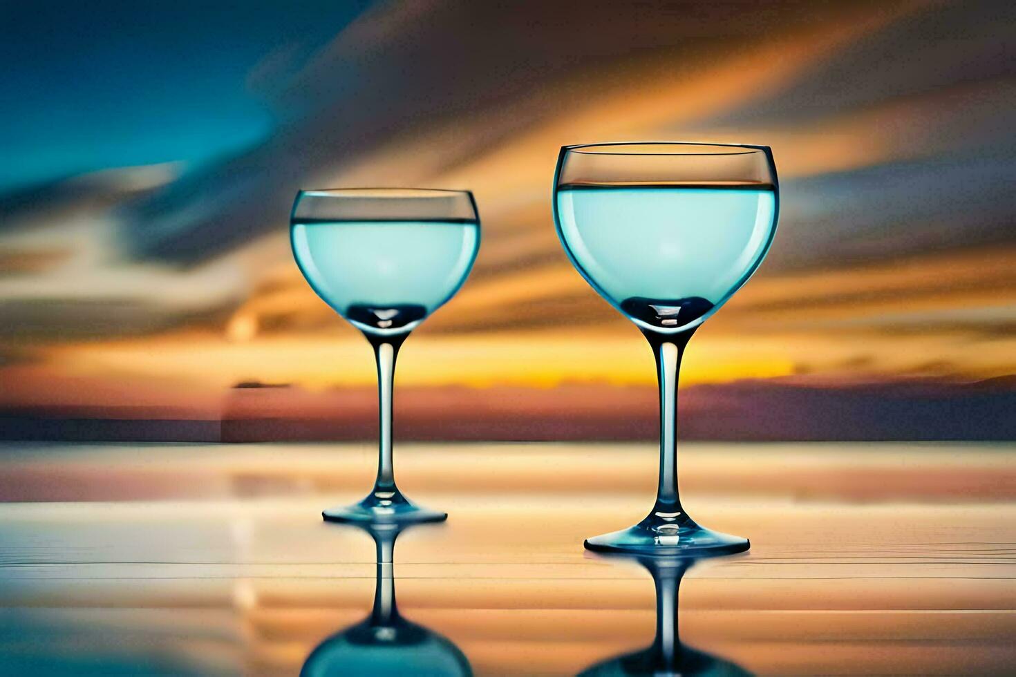 zwei Wein Brille mit Blau Flüssigkeit auf das Oberfläche von das Wasser. KI-generiert foto