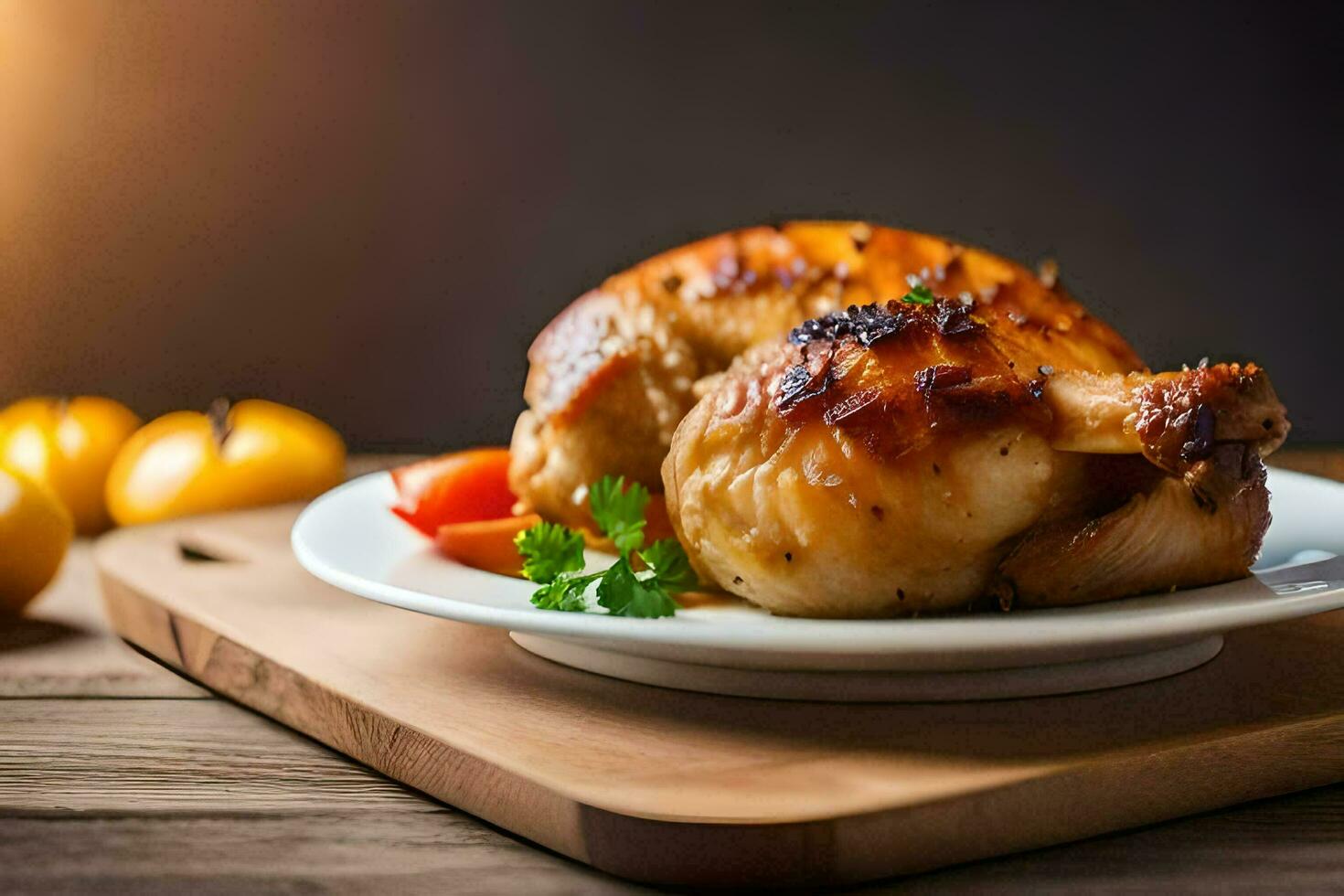 ein Hähnchen auf ein Teller mit Tomaten und Petersilie. KI-generiert foto