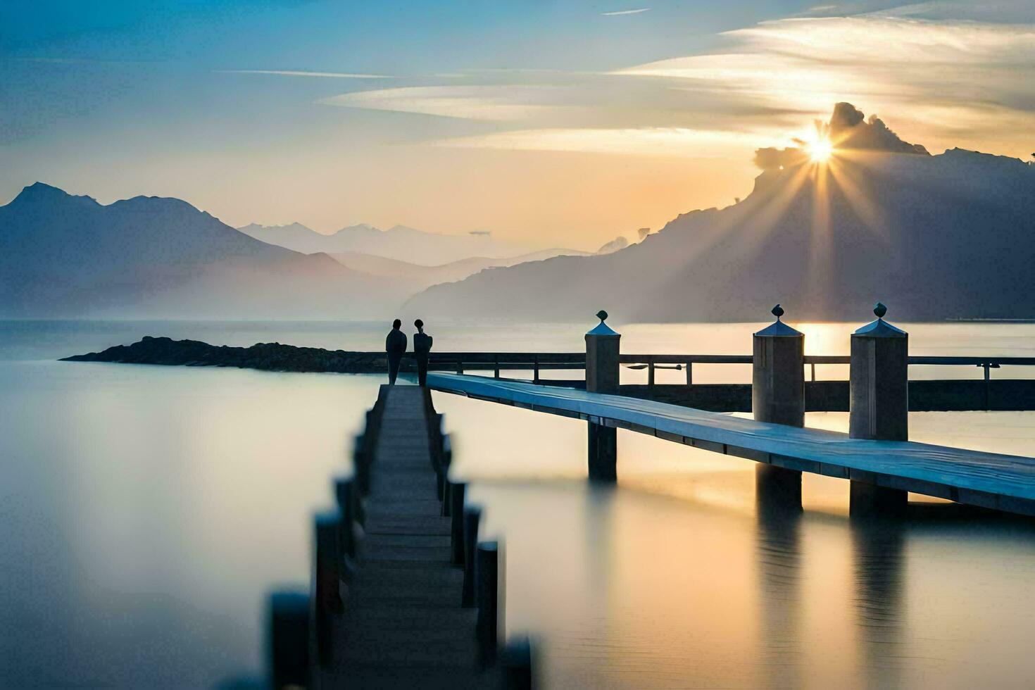 ein Paar Stehen auf ein Seebrücke beim Sonnenuntergang. KI-generiert foto