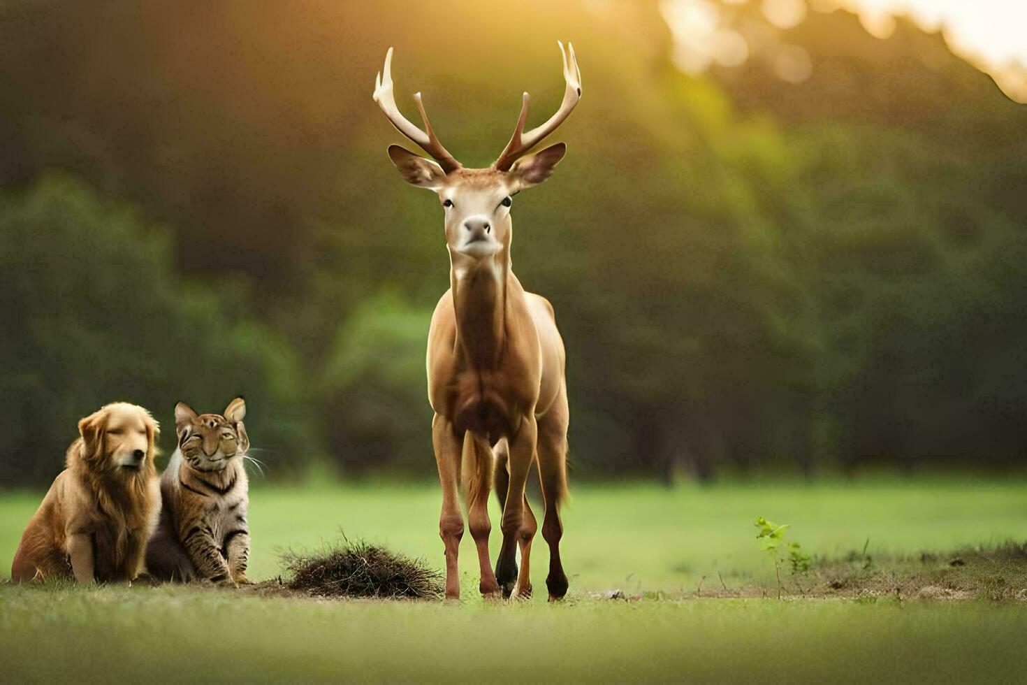 ein Hirsch und ein Katze sind Stehen im das Gras. KI-generiert foto