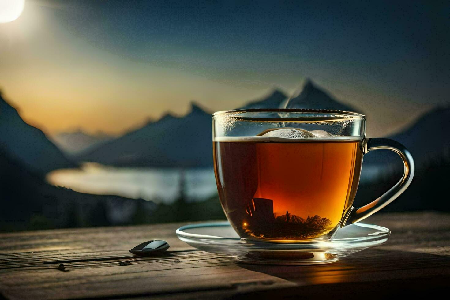 ein Tasse von Tee auf ein hölzern Tabelle im Vorderseite von ein Berg Sicht. KI-generiert foto