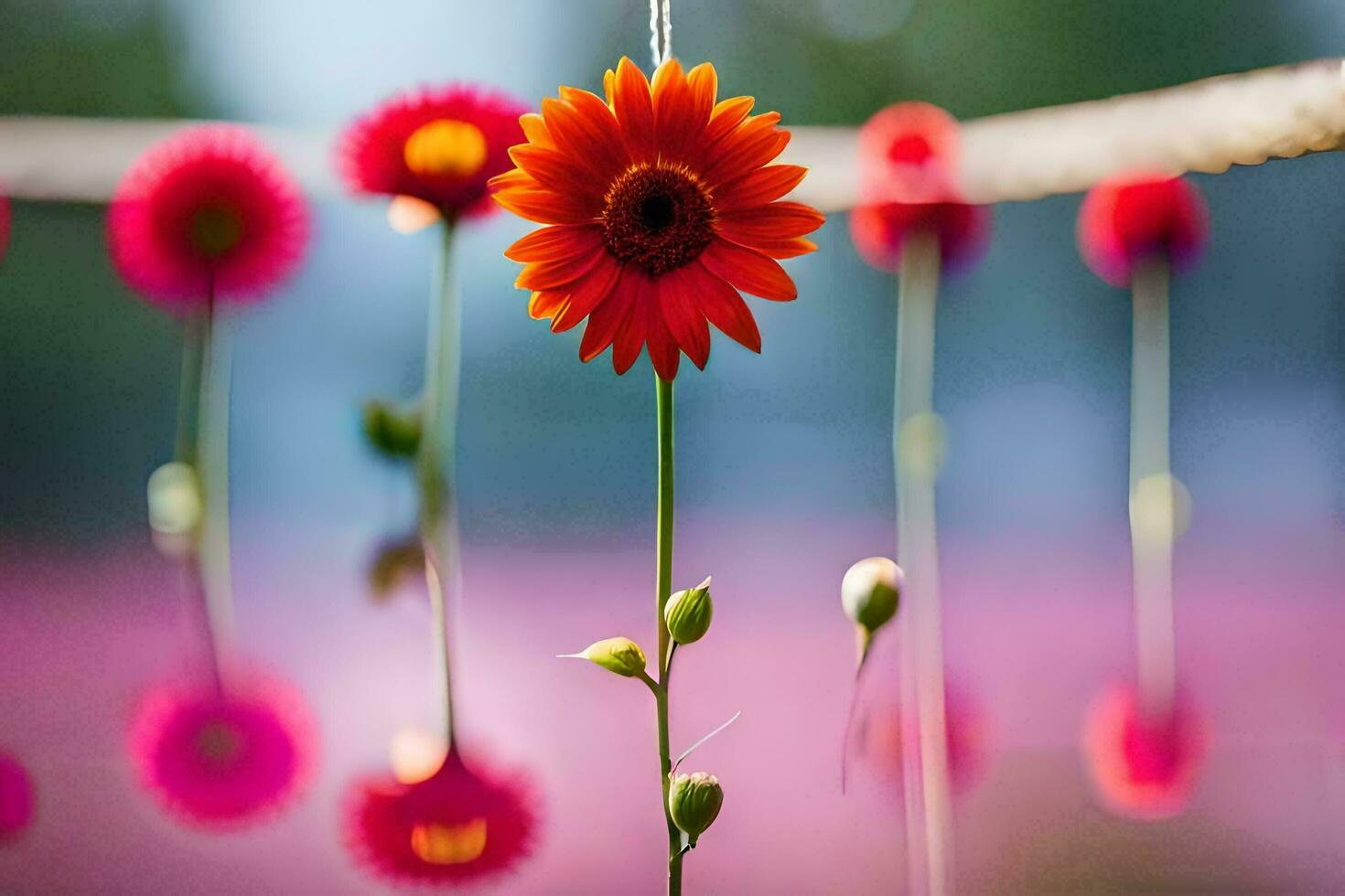 rot Blumen hängend von ein Seil im Vorderseite von ein Rosa Hintergrund. KI-generiert foto