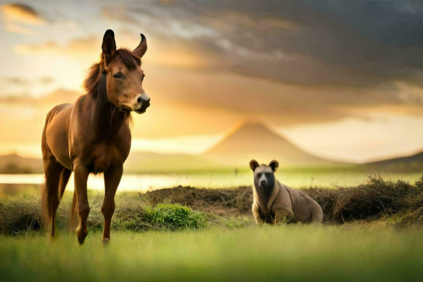 ein Pferd und ein Baby im ein Feld. KI-generiert foto