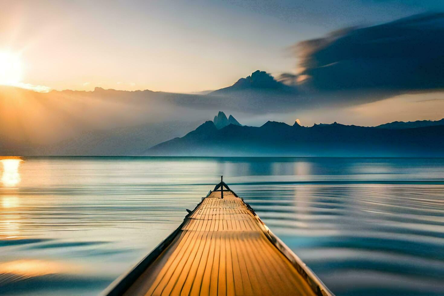 ein lange hölzern Boot ist schwebend im das Wasser beim Sonnenuntergang. KI-generiert foto