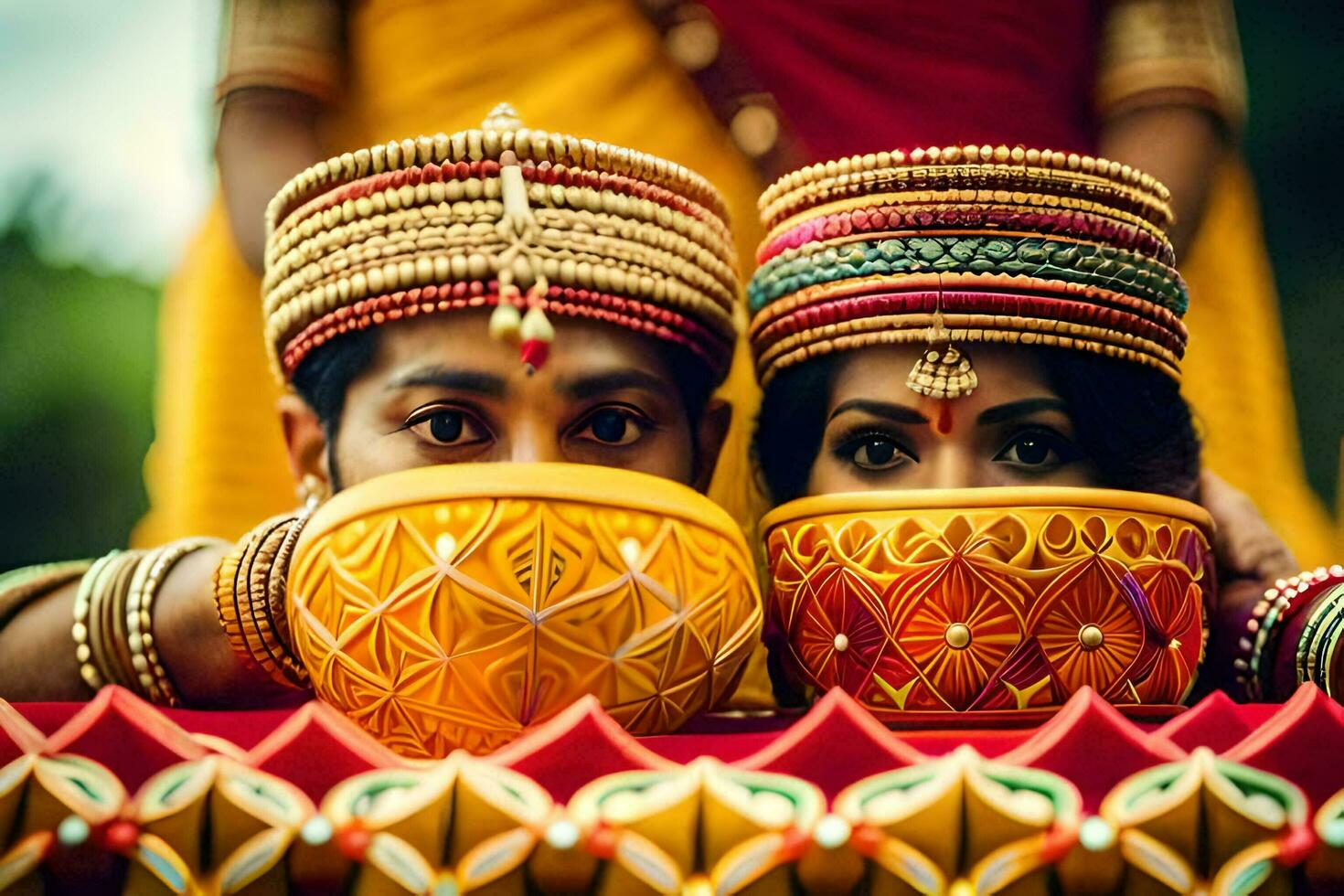 ein Paar im traditionell indisch Kleidung halten Tassen. KI-generiert foto