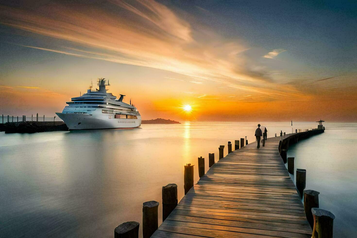 ein Paar Spaziergänge entlang ein Seebrücke beim Sonnenuntergang. KI-generiert foto