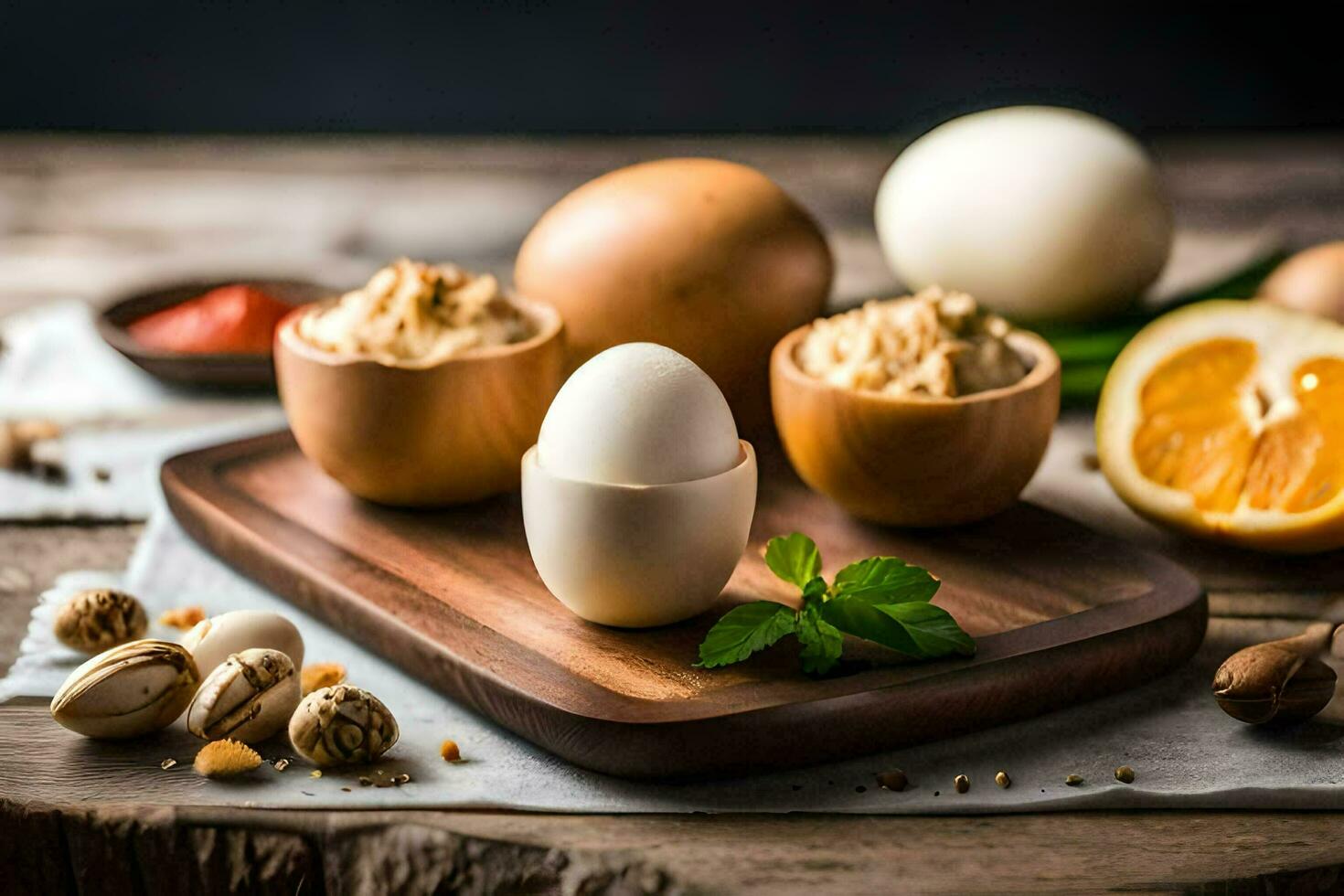 Eier, Nüsse und Orangen auf ein Schneiden Tafel. KI-generiert foto