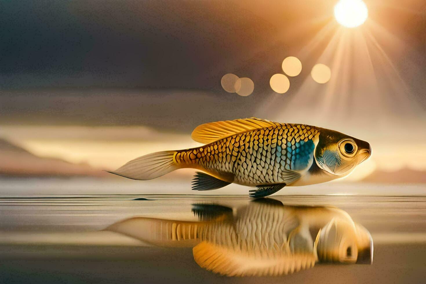 ein Fisch ist reflektiert im das Wasser beim Sonnenuntergang. KI-generiert foto