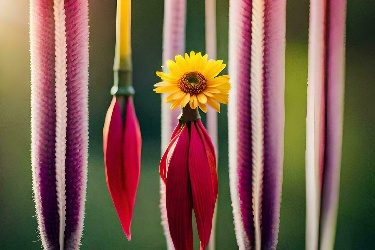 ein Blume ist hängend von ein Zeichenfolge von bunt Blumen. KI-generiert foto