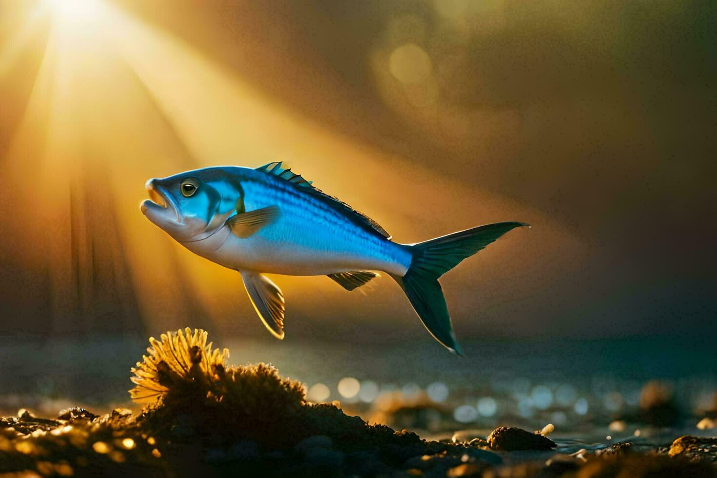 ein Blau Fisch ist Stehen auf das Strand mit das Sonne leuchtenden. KI-generiert foto