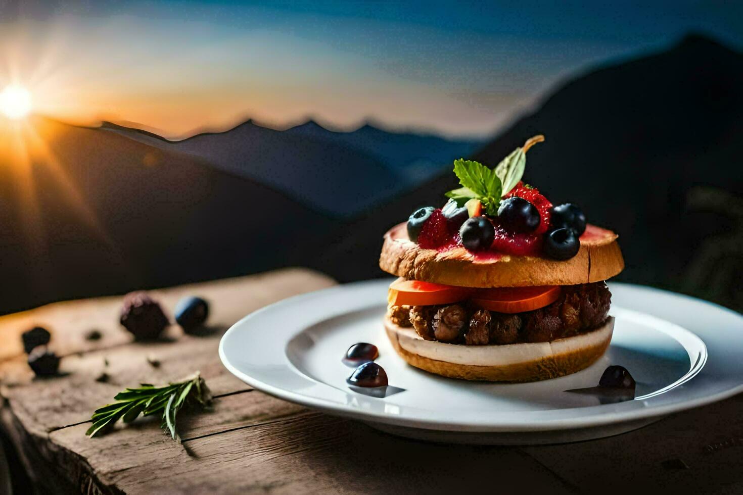 ein Burger mit Beeren und Kräuter auf ein Platte. KI-generiert foto