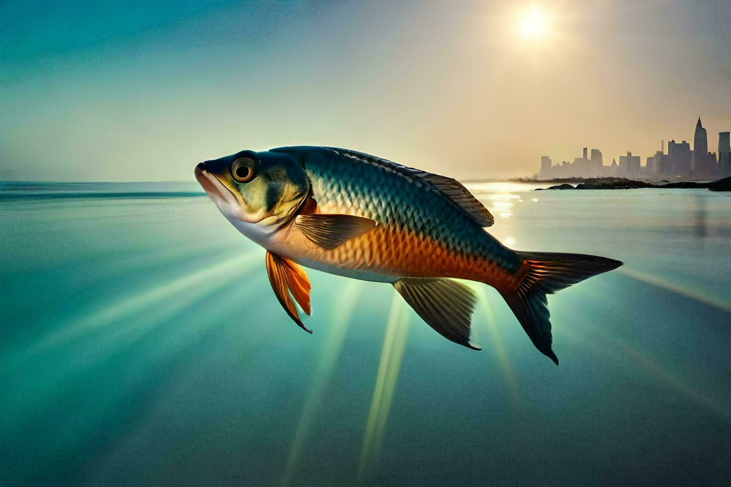 ein Fisch Schwimmen im das Ozean mit ein Stadt im das Hintergrund. KI-generiert foto