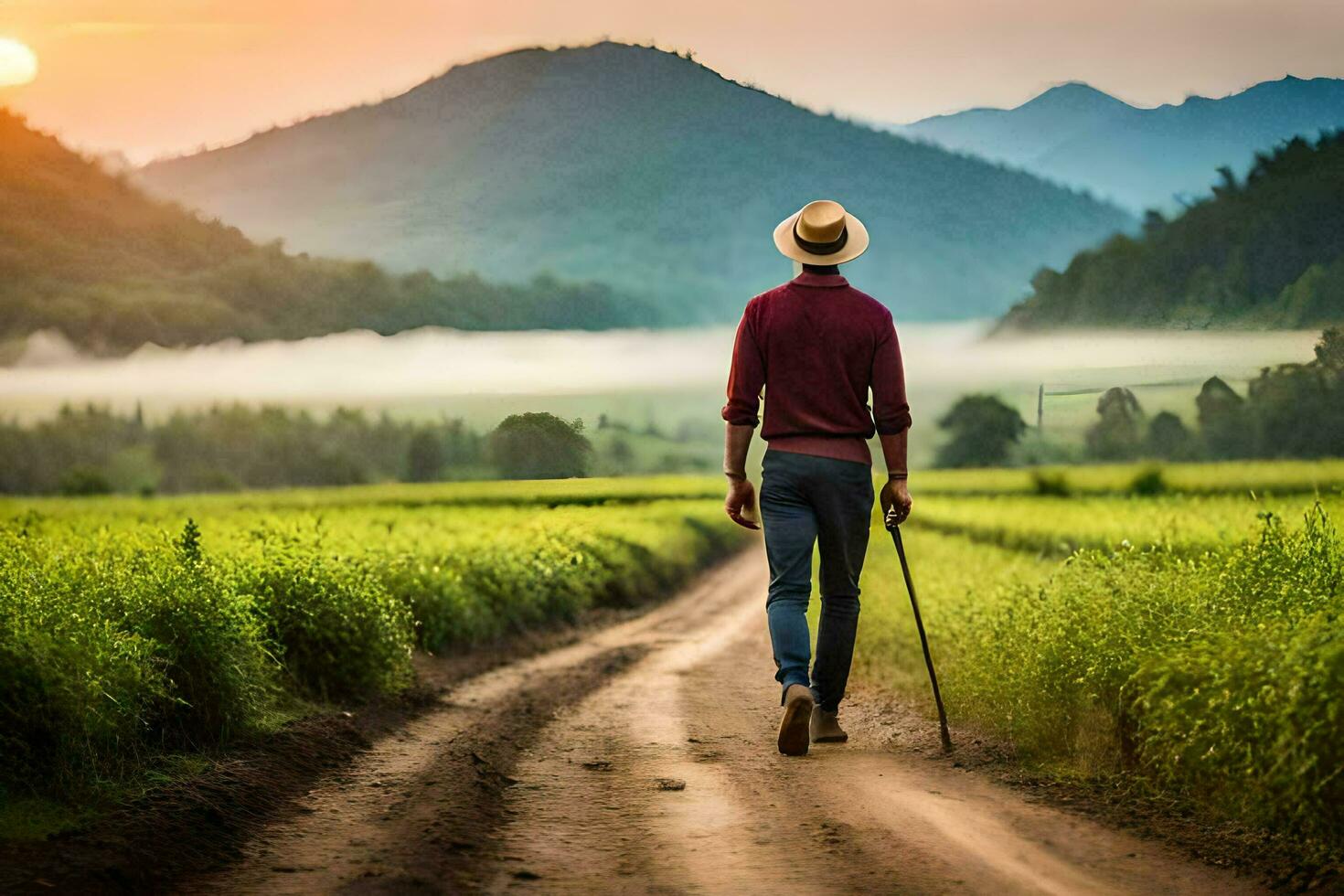 ein Mann Gehen Nieder ein Schmutz Straße im ein Feld. KI-generiert foto