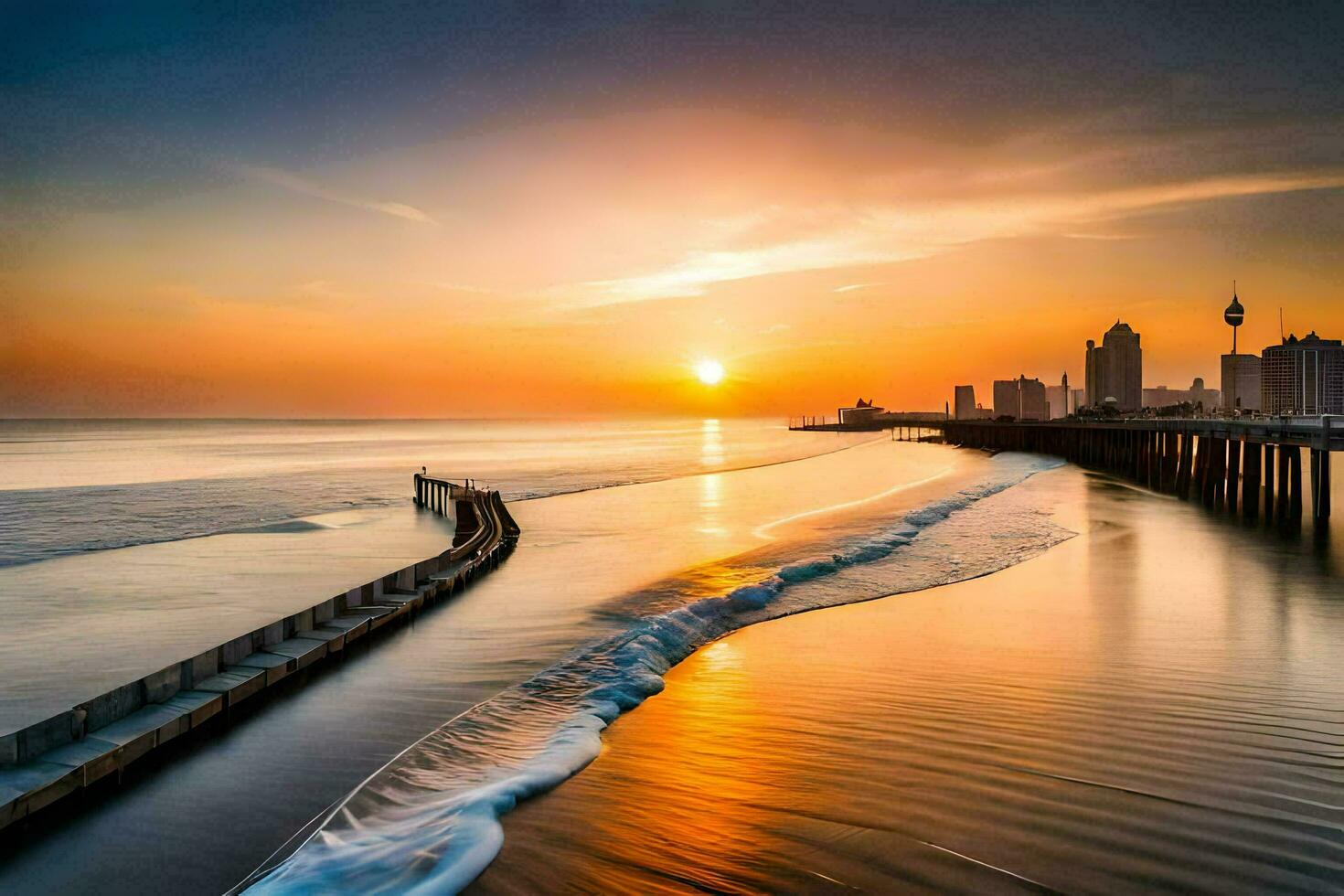 das Sonne setzt Über das Ozean und Seebrücke. KI-generiert foto