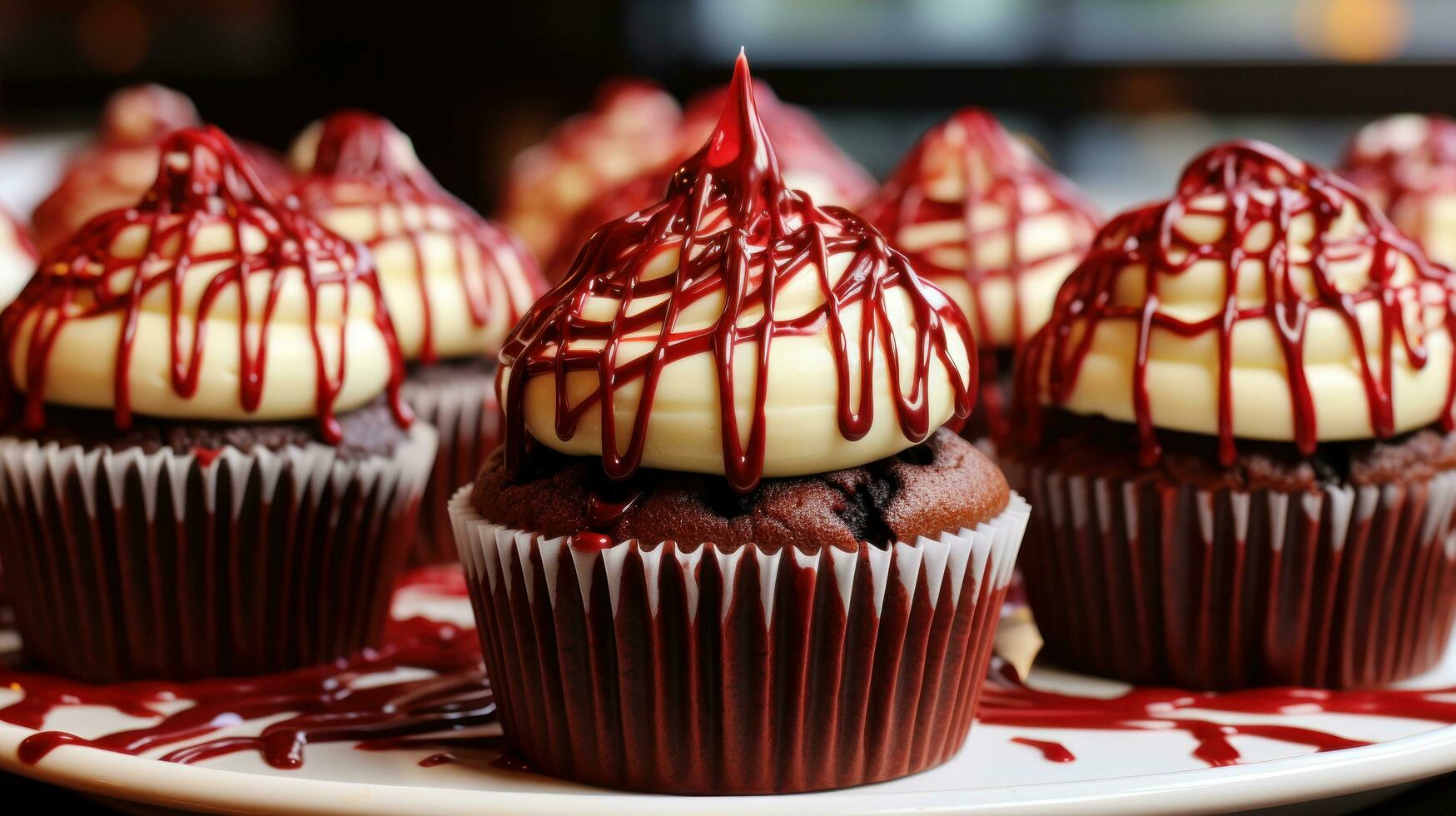 rot Samt Cupcakes mit Sahne Käse Glasur und Schokolade Nieselregen foto