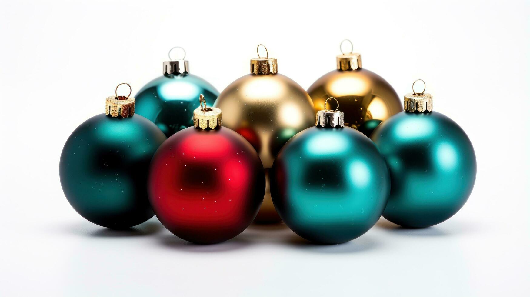 Nahansicht von Weihnachten Baum Ornamente auf ein Weiß Hintergrund. foto