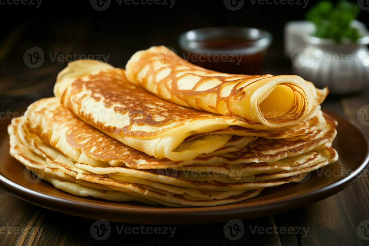 köstlich dünn Pfannkuchen vorgestellt im ein schließen oben auf hölzern Hintergrund ai generiert foto