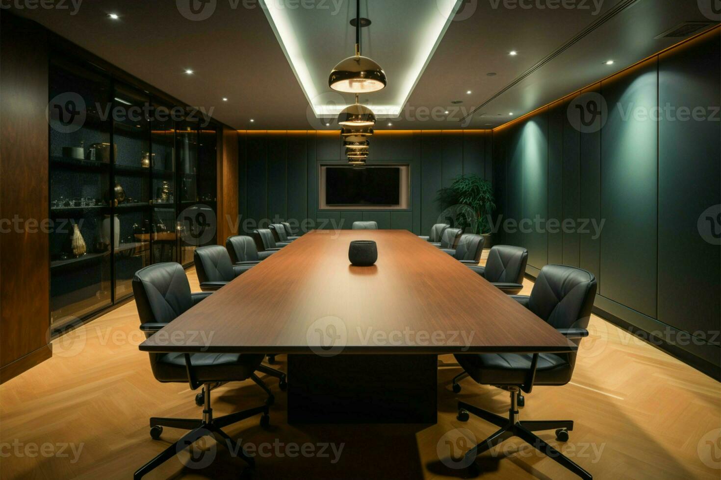anspruchsvoll Sitzungssaal Design groß schwarz Tisch, Plüsch braun Stühle, Fernseher ai generiert foto