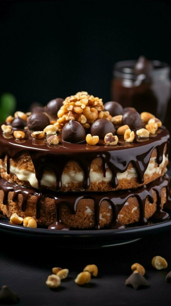 Ester Kuchen mit Schokolade Belag und Nüsse auf grau Hintergrund ai generiert foto