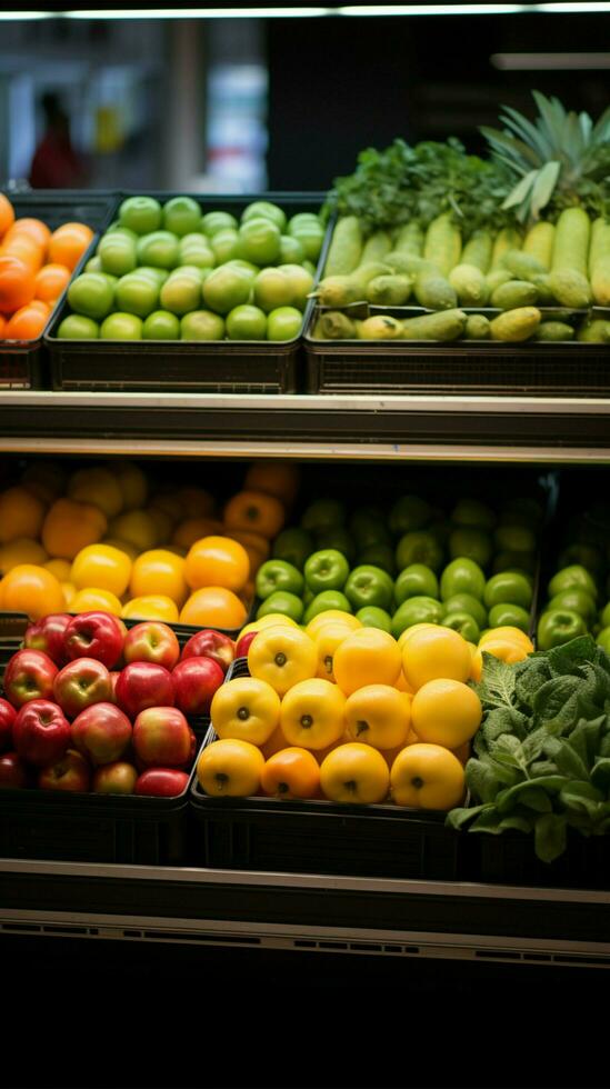 frisch Früchte und Gemüse auf Regal im Supermarkt ai generiert foto