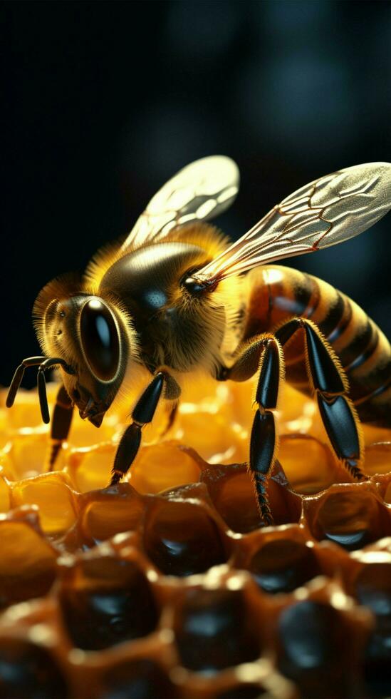 pelzig Biene auf Süss Bienenwabe mit Kopieren Raum ai generiert foto