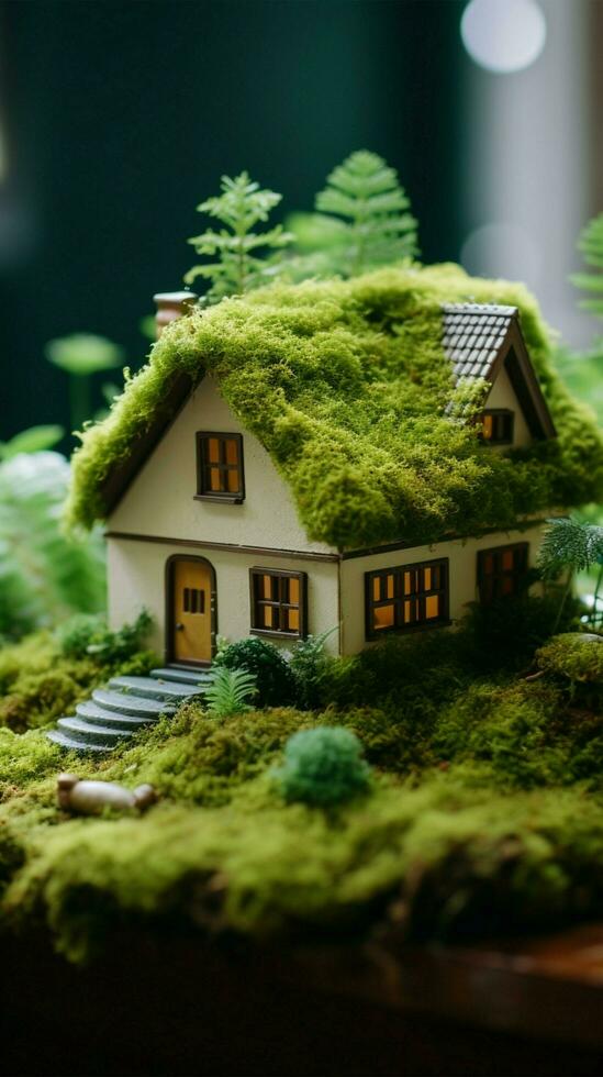 Öko freundlich Haus - - Papier Zuhause auf Moos im Garten Vertikale Handy, Mobiltelefon Hintergrund ai generiert foto