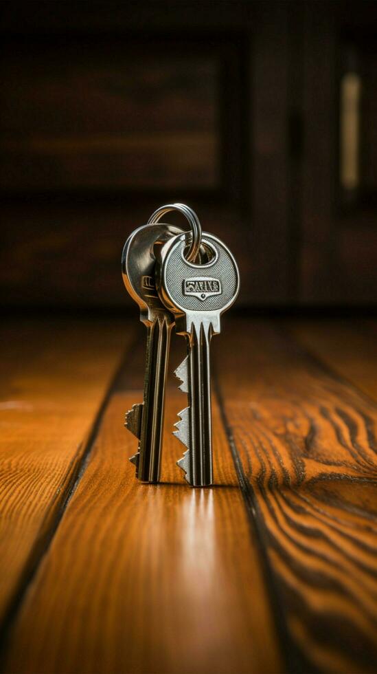 Haus Schlüssel und Schlüsselbund auf hölzern Tabelle Vertikale Handy, Mobiltelefon Hintergrund ai generiert foto