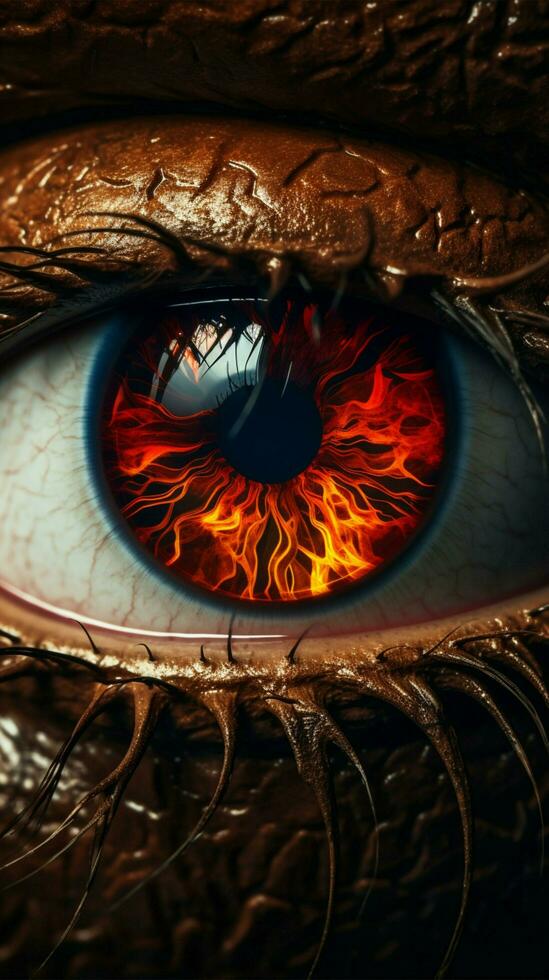 Makro Bild von Mensch Auge mit Feuer Flammen . gemischt Medien Vertikale Handy, Mobiltelefon Hintergrund ai generiert foto
