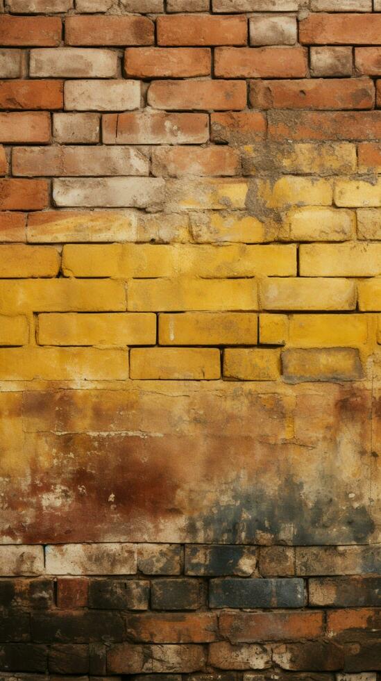 alt und verwittert grungy Gelb und rot Backstein Mauer wie nahtlos Muster Textur Hintergrund Vertikale Handy, Mobiltelefon Hintergrund ai generiert foto