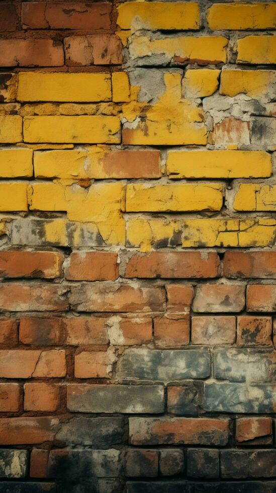 alt und verwittert Gelb und rot Backstein Wand, nahtlos Muster Hintergrund Vertikale Handy, Mobiltelefon Hintergrund ai generiert foto