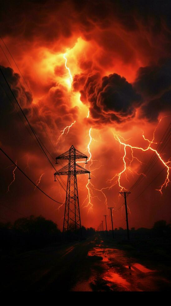 grübelnd, apokalyptisch Atmosphäre mit lebendig rot Blitz im das Himmel Vertikale Handy, Mobiltelefon Hintergrund ai generiert foto