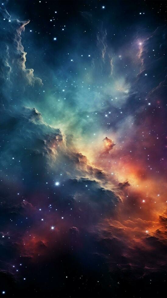 kosmisch abstrakt Hintergrund geschmückt mit Sterne, Nebel, und Galaxien Vertikale Handy, Mobiltelefon Hintergrund ai generiert foto