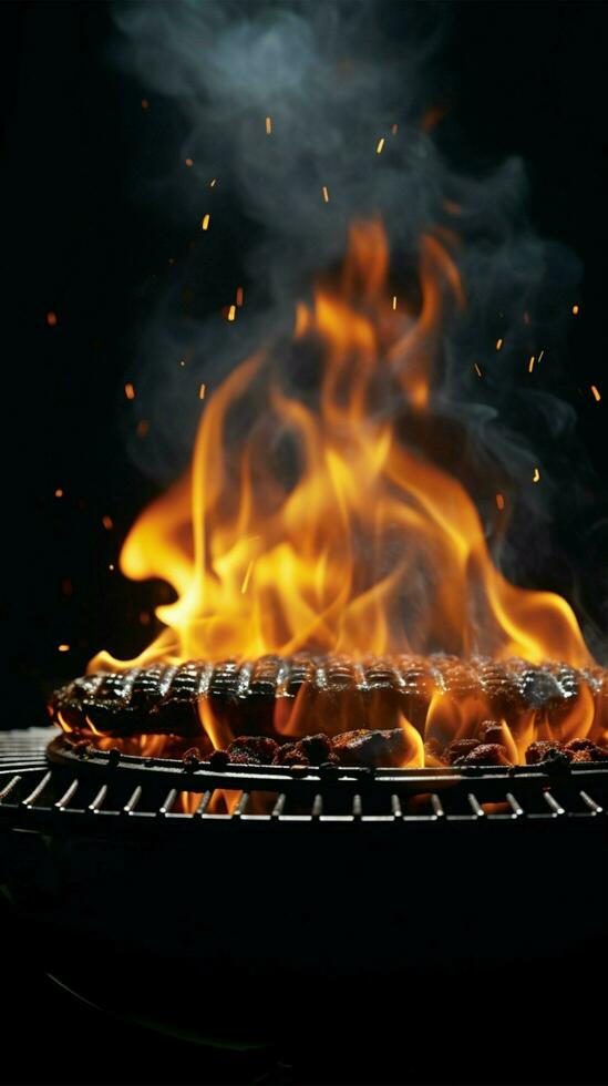 Grill Inferno, schwarz Hintergrund mit ein lodernd Feuer auf das Grill Vertikale Handy, Mobiltelefon Hintergrund ai generiert foto