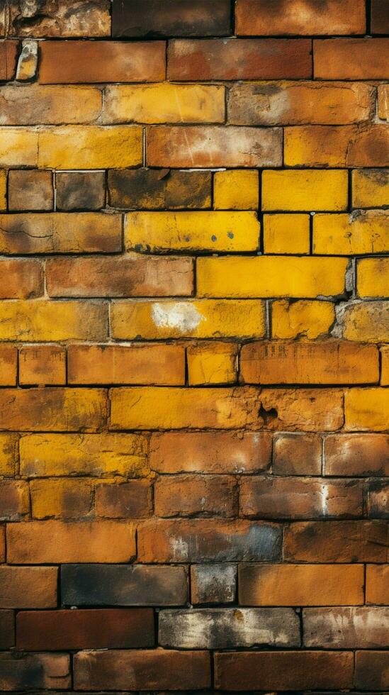 grungy Gelb und rot Backstein Mauer wie ein nahtlos Muster Hintergrund Vertikale Handy, Mobiltelefon Hintergrund ai generiert foto